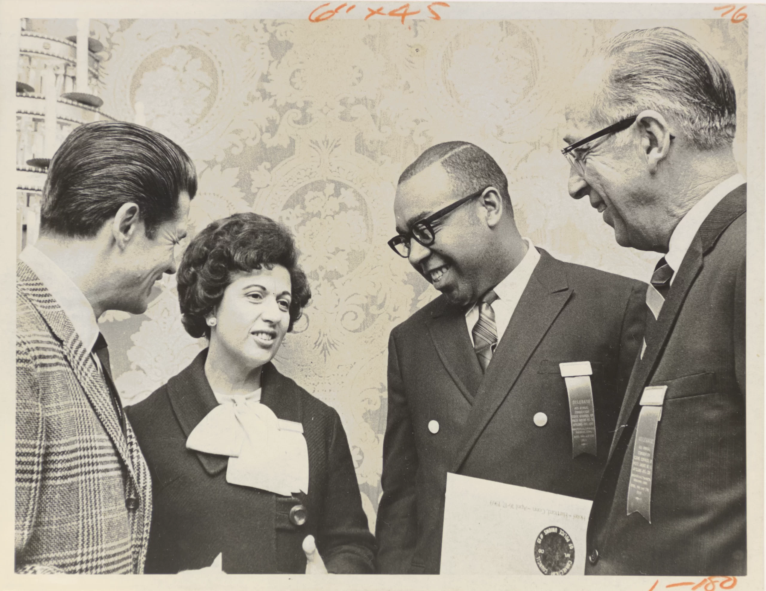 Thomas Fuller, president of the HPD Guardians, speaking with Mayor Ann Uccello and others at a Police Union convention. April 4, 1969. Credit: Hartford Times Collection at the Hartford History Center, Hartford Public Library.